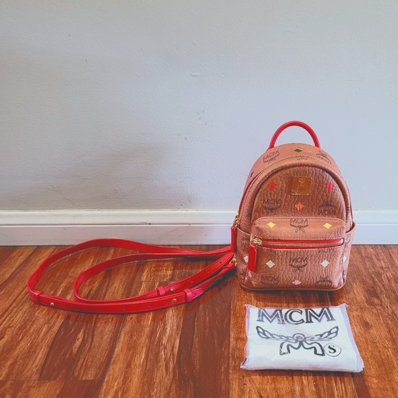 MCM Skyoptic Visetos X-Mini Stark Bebe Boo Backpack Cognac - Picture 2 of 7